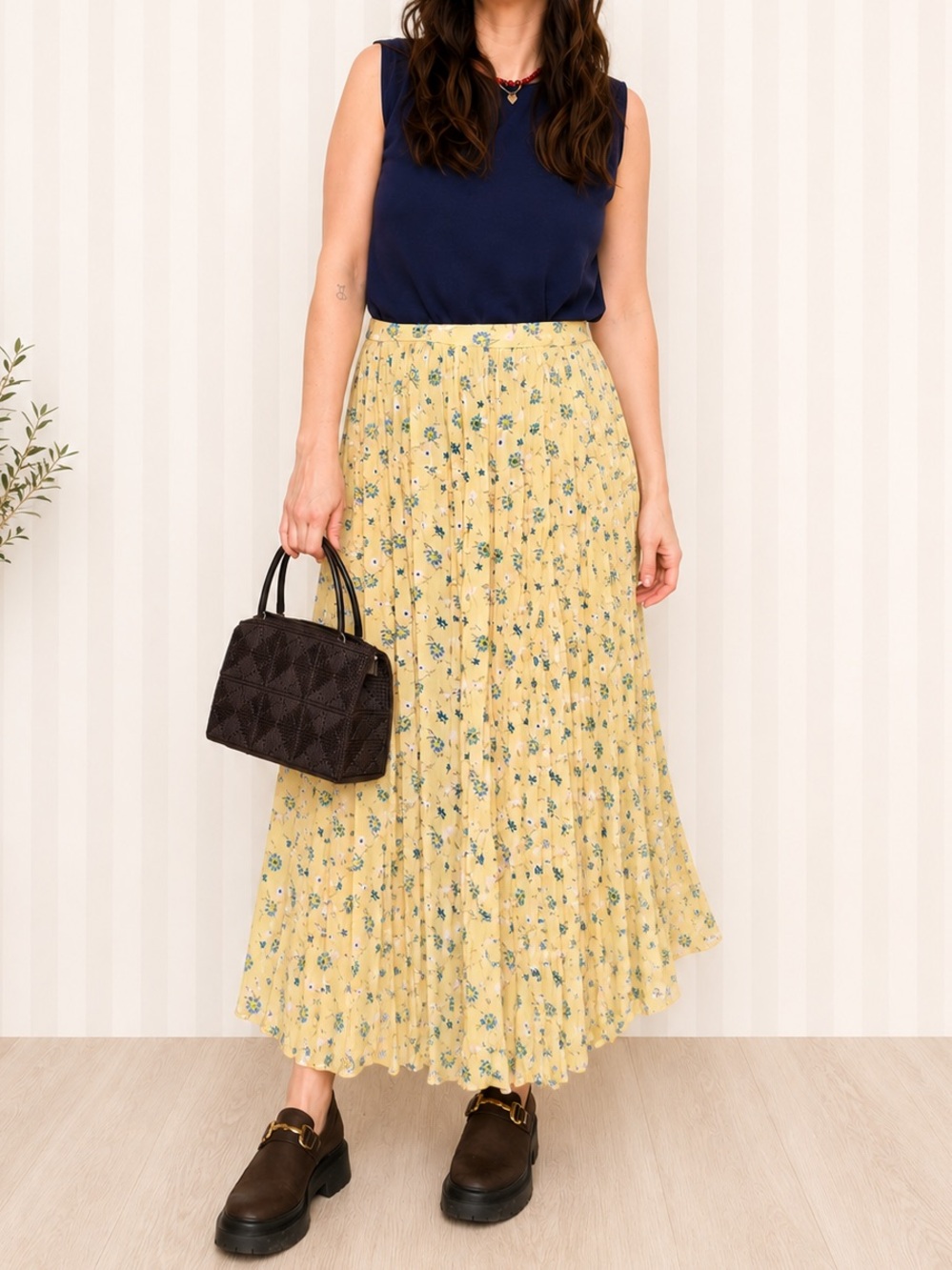 Vintage Stonybrook Butter Yellow Floral Pleated Skirt